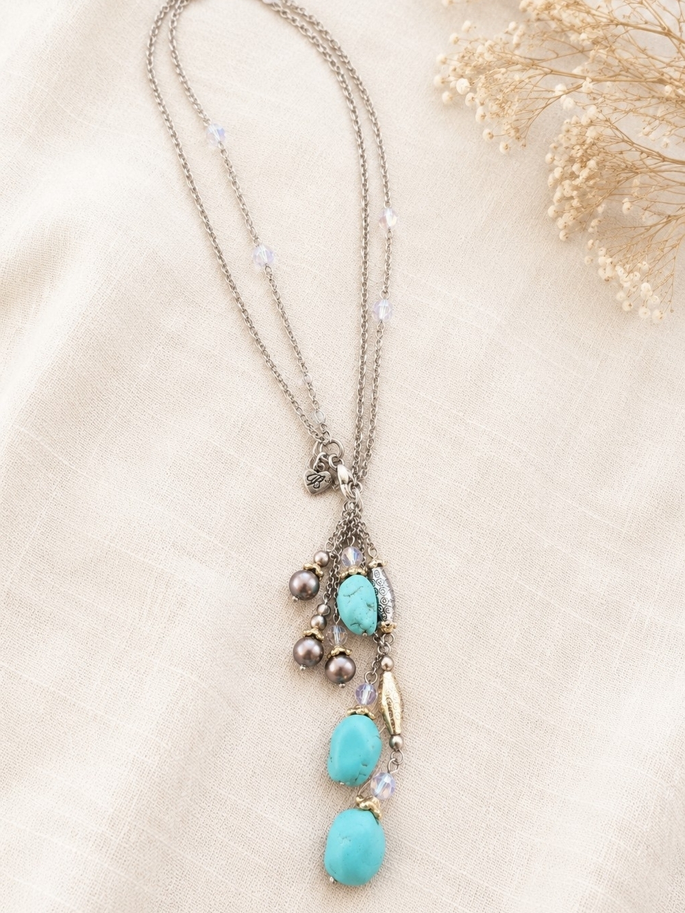 Brighton Turquoise Charm Necklace Silver Tone Crystal Bead Dangle Pendant
